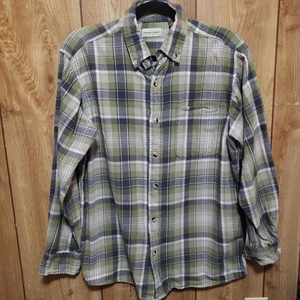 Mens Plaid Flannel Shirt M Green 100% Cotton Long Sleeve Button Up Hobbs Creek